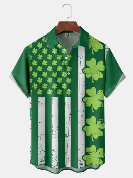 

St. Patrick's Day Chest Pocket Short Sleeve Casual Shirt, Green, Men Shirts