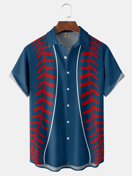 

Baseball Geometry Chest Pocket Short Sleeve Bowling Shirt, Royal blue, Men Shirts