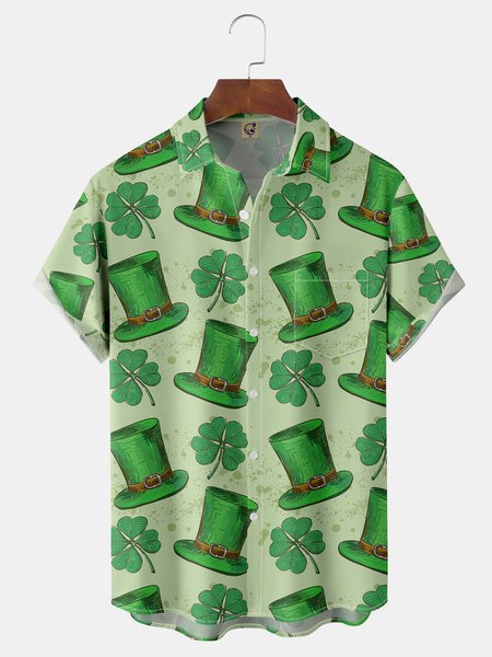 

St. Patrick's Day Chest Pocket Short Sleeve Casual Shirt, Green, Men Shirts
