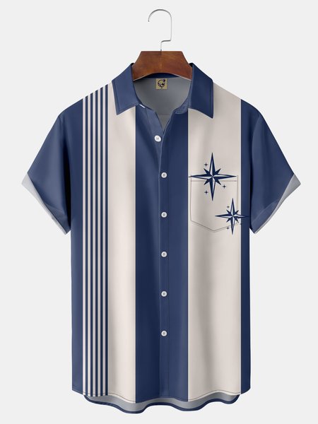 

Mid Century Chest Pocket Short Sleeve Bowling Shirt, Blue, Men Shirts