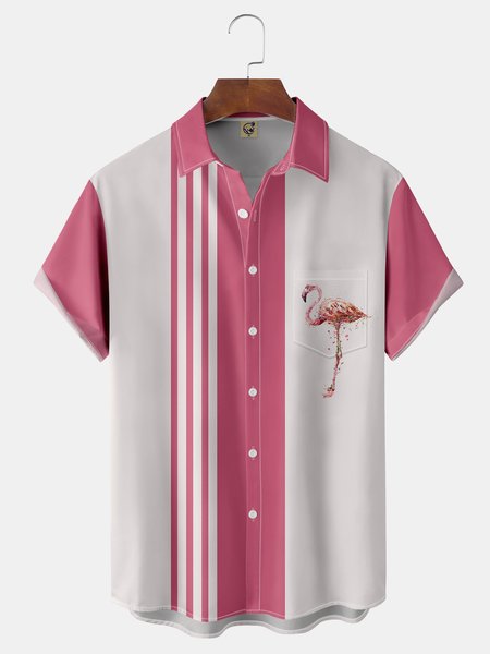 

Geometric Flamingo Chest Pocket Short Sleeve Bowling Shirt, Pink, Men Shirts