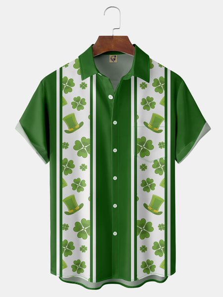 

St. Patrick's Clover Chest Pocket Short Sleeve Bowling Shirt, Green, Men Shirts