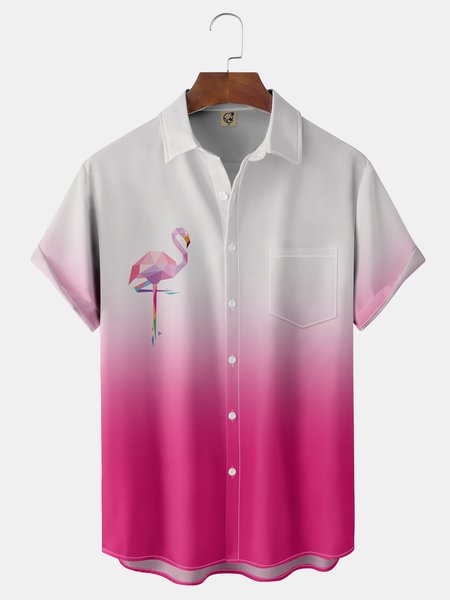

Ombre Flamingo Chest Pocket Short Sleeve Hawaiian Shirt, Pink, Men Shirts
