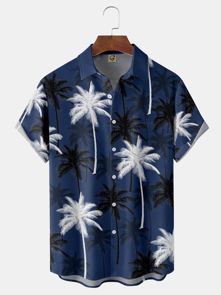 

Coconut Tree Chest Pocket Short Sleeve Hawaiian Shirt, Blue, Men Shirts