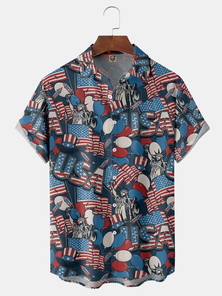 

American Flag Chest Pocket Short Sleeve Shirt, Blue, Men Shirts