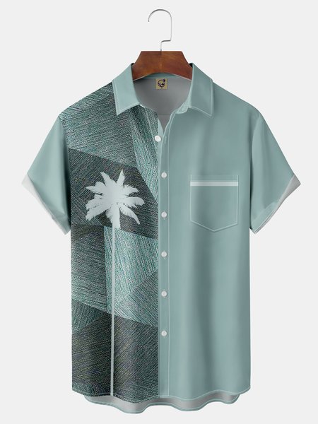 

Coconut Tree Geometry Chest Pocket Short Sleeve Hawaiian Shirt, Green, Men Shirts