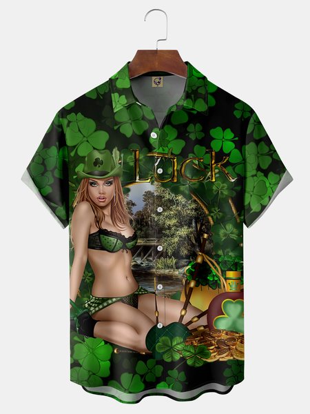 

St. Patrick's Day Belle Clover Chest Pocket Short Sleeve Casual Shirt, Green, Men Shirts