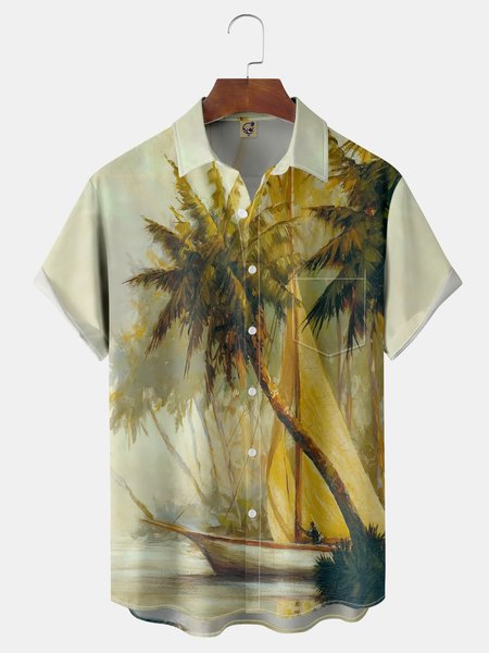 

Coconut Tree Chest Pocket Short Sleeve Hawaiian Shirt, Lightgreen, Men Shirts