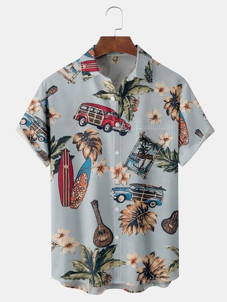 

Palm Leaf Chest Pocket Short Sleeve Hawaiian Shirt, Blue, Men Shirts