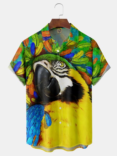 

Parrots Chest Pocket Short Sleeve Hawaiian Shirt, Yellow, Men Shirts