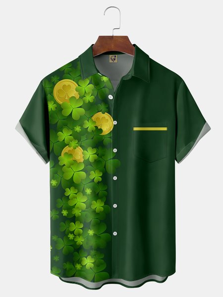 

St. Patrick's Day Chest Pocket Short Sleeve Casual Shirt, Green, Men Shirts