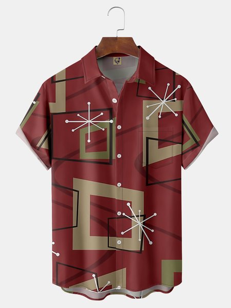 

Geometry Chest Pocket Short Sleeve Casual Shirt, Red, Men Shirts