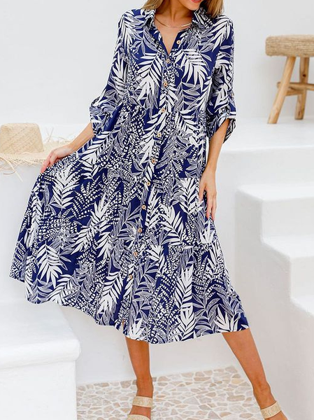 

Casual Loose Shirt Collar Dress, Dark blue, Midi Dresses