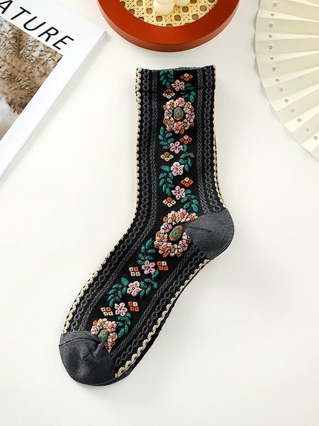 

Ethnic Vintage Floral Embroidered Pattern Cotton Socks Everyday Accessories, Gray, Socks