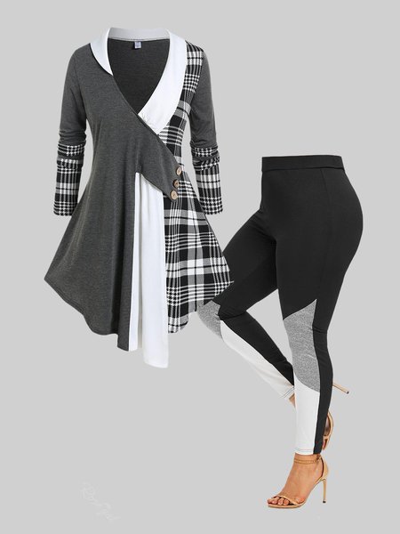 

Casual Regular Fit Plain V Neck Two-Piece Set, Gray, Tops