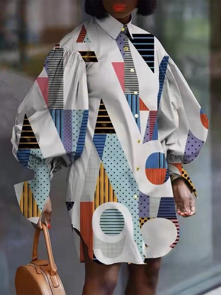 

Geometric Shirt Collar Urban Long Sleeve Mini Dress, Multicolor, Mini Dresses