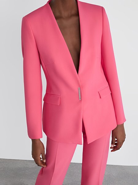 

Simple Plain Regular Fit V Neck Blazer, Pink, Blazers