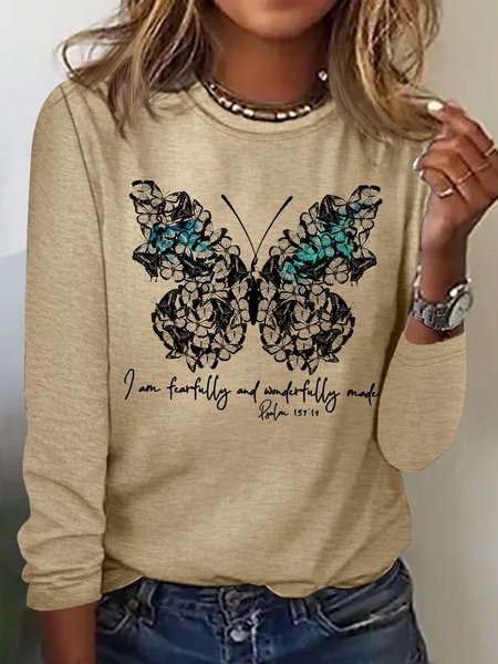 

Women's I Am Fearfully And Wonderfully Made Psalm 139:14 Funny Graphic Printing Casual Crew Neck Regular Fit Shirt, Khaki, Long sleeves