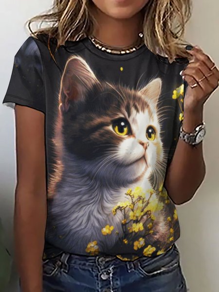 

Women’s Cat And Floral Pattern Cotton-Blend Crew Neck Animal Casual T-Shirt, As picture, T-shirts
