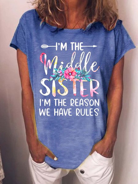 

Women’s I’m The Middle Sister I’m The Reason We Have Rules Casual Cotton Crew Neck T-Shirt, Blue, T-shirts