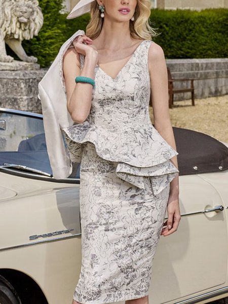 

Elegant Plain No Elasticity Hip Skirt Midi Polyester Dress, As picture, Wedding Guest Dresses