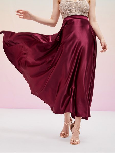 

Lettuce Hem Solid Satin Skirt, Wine red, Skirts