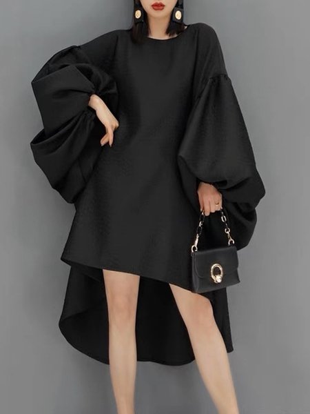 

Plain Crew Neck Elegant Long Sleeve Midi Dress, Black, Midi Dresses