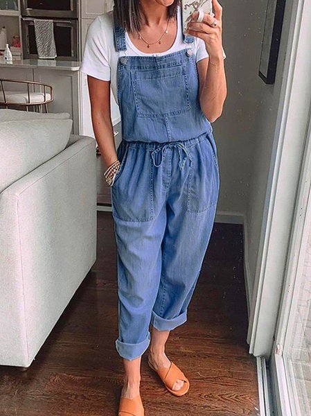 

Denim Casual Washing Process Denim Bib Pants, Blue, Jumpsuits&Rompers