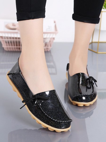 

Casual Bow Decor Moccasin Slip On Peas Shoes, Black, Flats