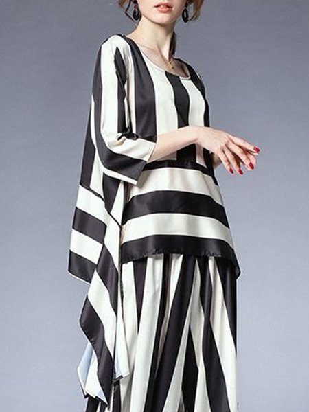 

Loose Simple Crew Neck Striped Shirt, Black-white, Blouses and Shirts