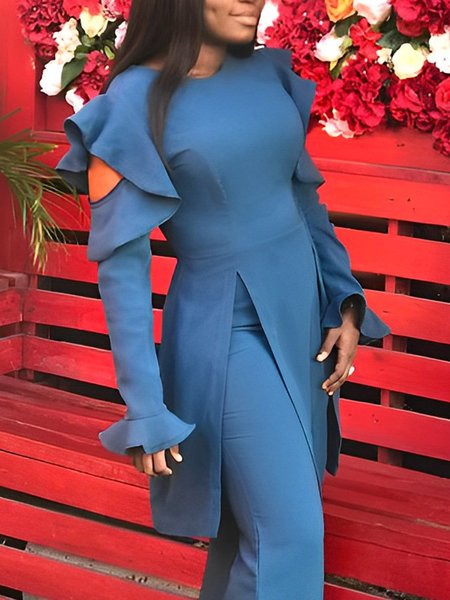 

Plain Regular Fit Crew Neck Urban Blouse, Blue, Blouses and Shirts