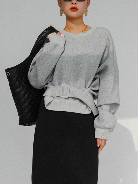 

Regular Fit Knitted Simple Crew Neck Sweatshirt With Belt, Gray, Hoodies and Sweatshirts