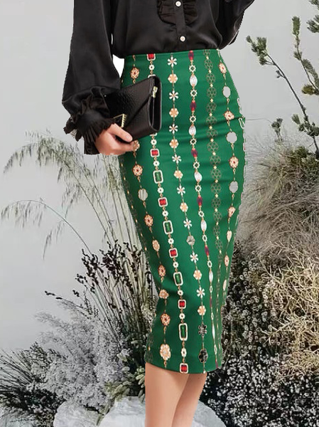

Pencil High Waist Polyester Midi Skirt, Green, Skirts