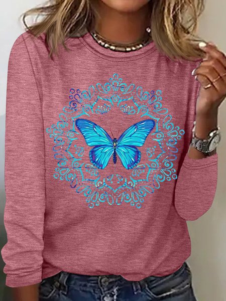 

Women's Butterfly Resurrection Casual Crew Neck Shirt, Rose red, Long sleeves