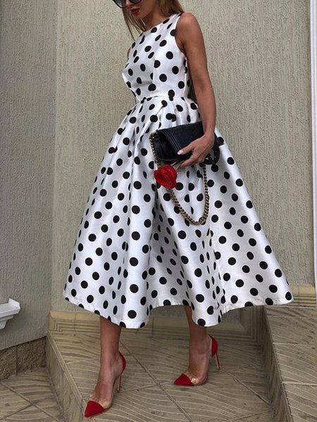 

Crew Neck Elegant Polka Dots No Elasticity Midi Dress, As picture, Midi Dresses