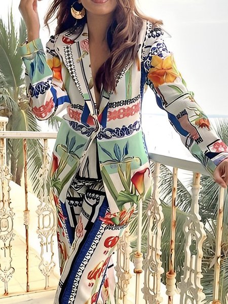 

Lapel Collar Urban Floral Long Sleeve Regular Fit Blazer, Multicolor, Blazers