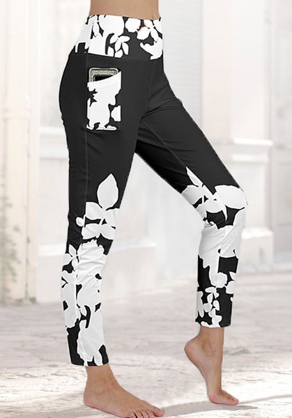 

Casual Floral Loose Pants, Black, Pants
