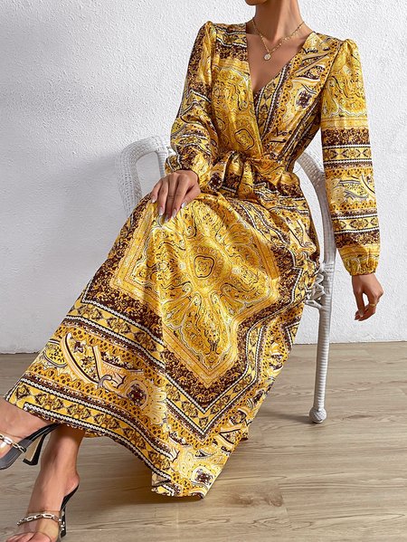 Paisley Scarf Print Surplice Neck Belted Dress, Yellow, Maxi Dresses