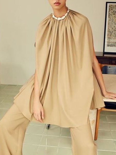 

Plain Crew Neck Loose Simple Blouse, Khaki, Blouses and Shirts