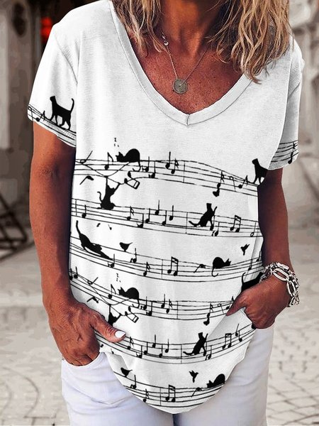 Women's Simple Crew Neck Loose Cat T-Shirt, White, T-shirts