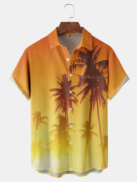 

Coconut Tree Chest Pocket Short Sleeve Hawaiian Shirt, Yellow, Men Shirts