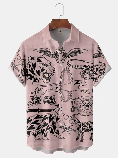 

Animals Tattoo Chest Pocket Short Sleeve Hawaiian Shirt, Pink, Men Shirts