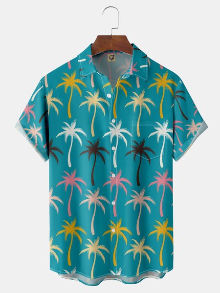 

Coconut Tree Chest Pocket Short Sleeve Hawaiian Shirt, Blue, Men Shirts