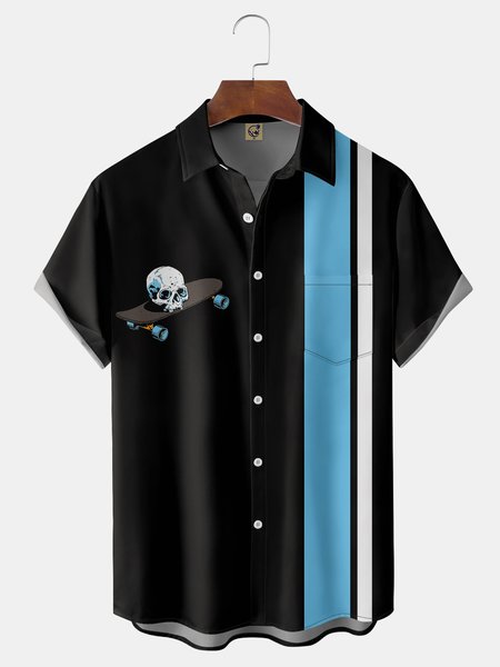

Skateboard Chest Pocket Short Sleeve Bowling Shirt, Black, Men Shirts