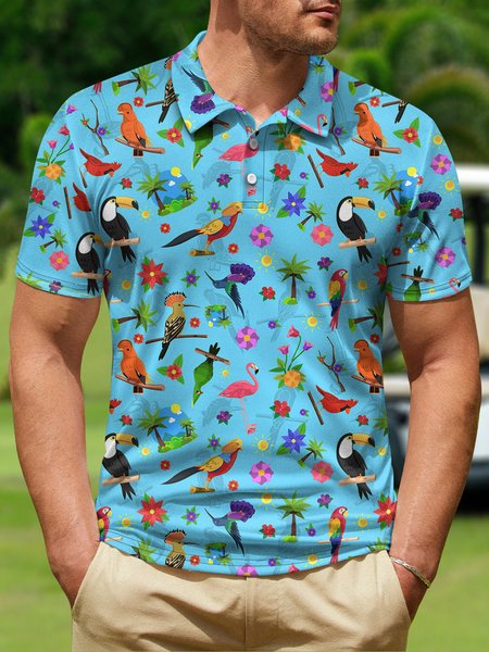 

Coconut Tree Parrot Button Short Sleeve Golf PoLo Shirt, Light blue, Polo Shirts