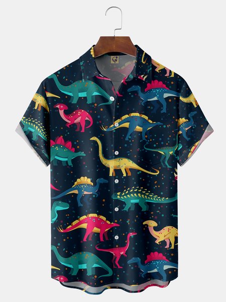 

Dinosaurs Chest Pocket Short Sleeve Casual Shirt, Blue, Men Shirts