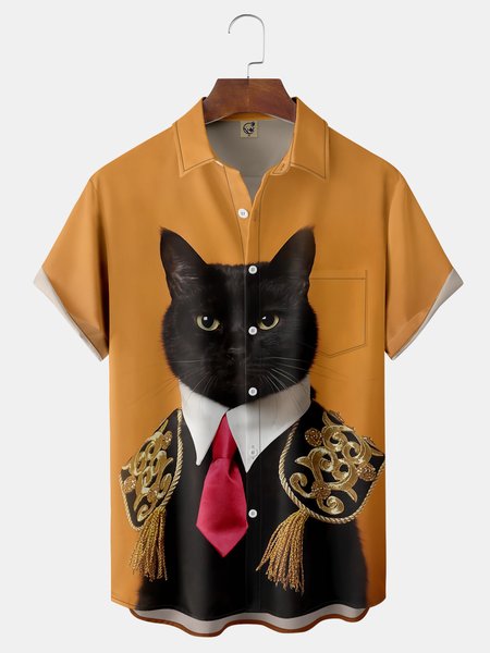 

Captain Cat Chest Pocket Short Sleeve Casual Shirt, Orange, Men Shirts