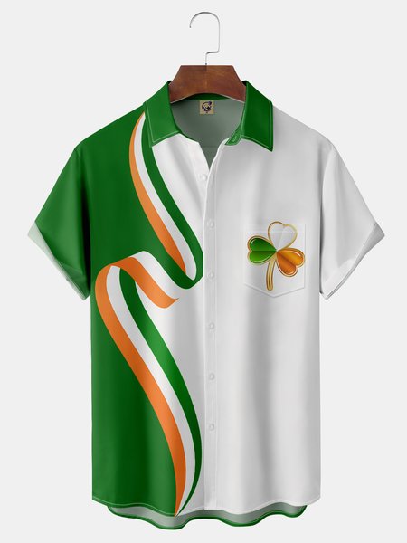 

St Patrick's Day Clover Chest Pocket Short Sleeve Bowling Shirt, Green, Men Shirts