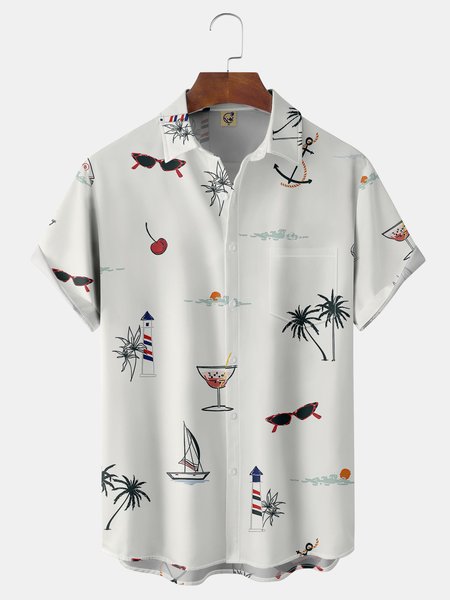 

Coconut Tree Chest Pocket Short Sleeve Hawaiian Shirt, White, Men Shirts