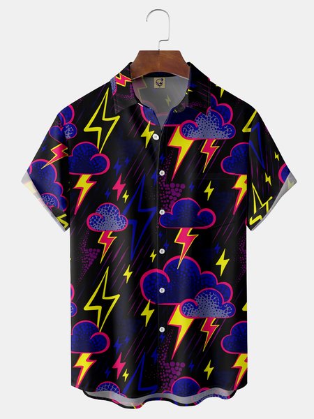

Lightning Chest Pocket Short Sleeve Hawaiian Shirt, Black, Men Shirts